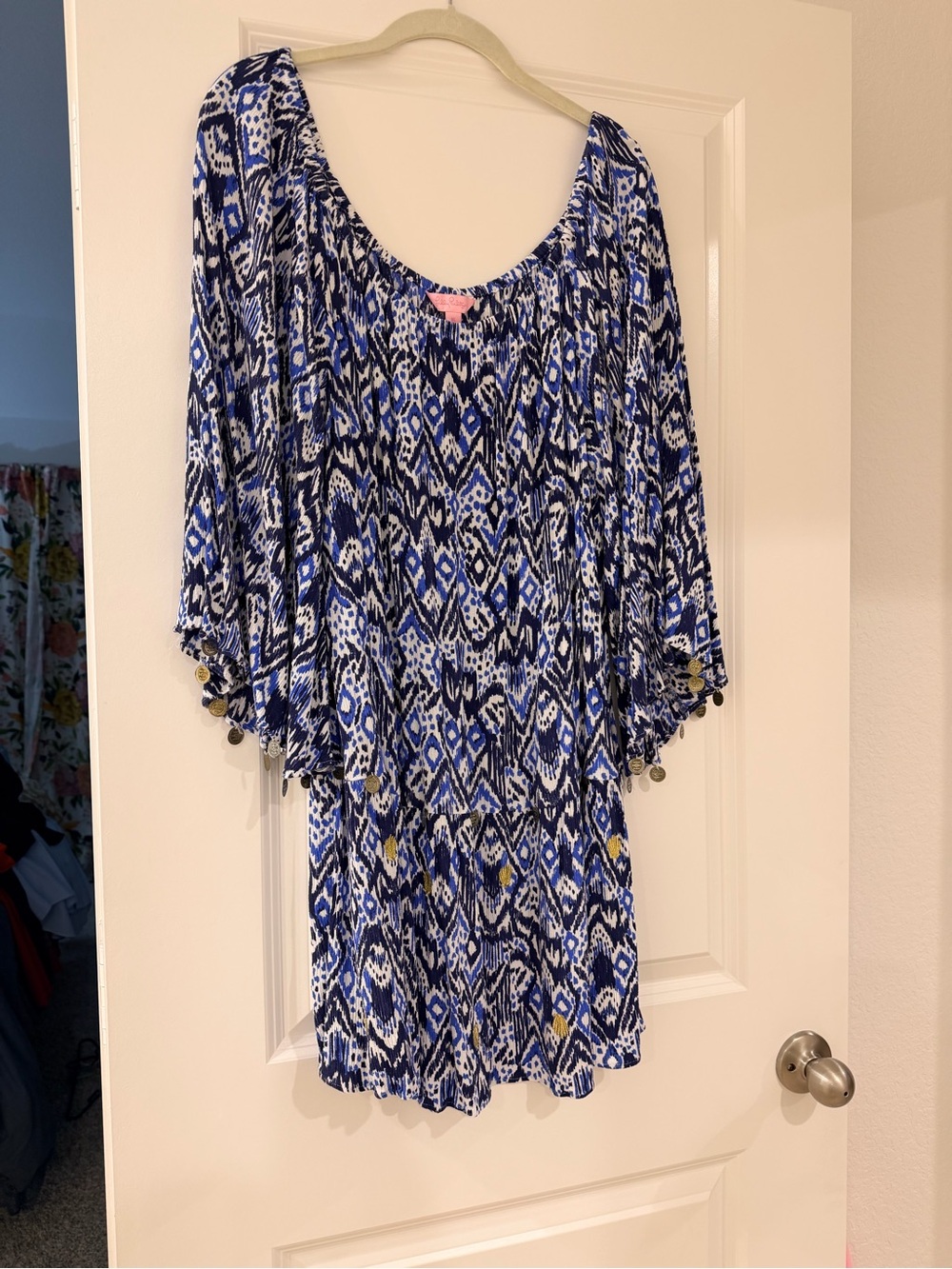 Lilly Pulitzer Blue and White Ikat Mini Dress with Coin Trim